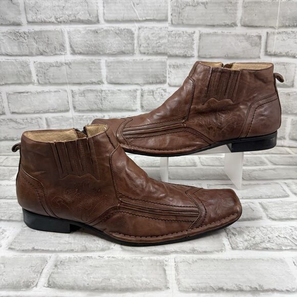Stacy Adams Men's Size 11.5 Square Toe Brown Leather Embroidered Ankle Boots - Picture 1 of 12